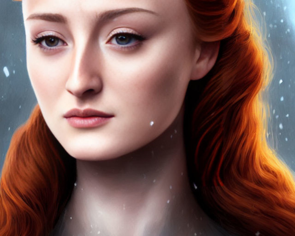 Digital portrait of woman with red hair, pale skin, blue eyes, in snowy setting