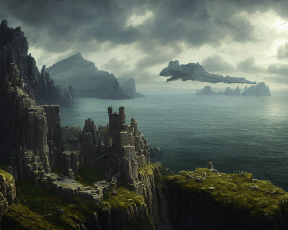 Fantasy landscape with towering cliffs, castle ruin, sea, and floating rock islands