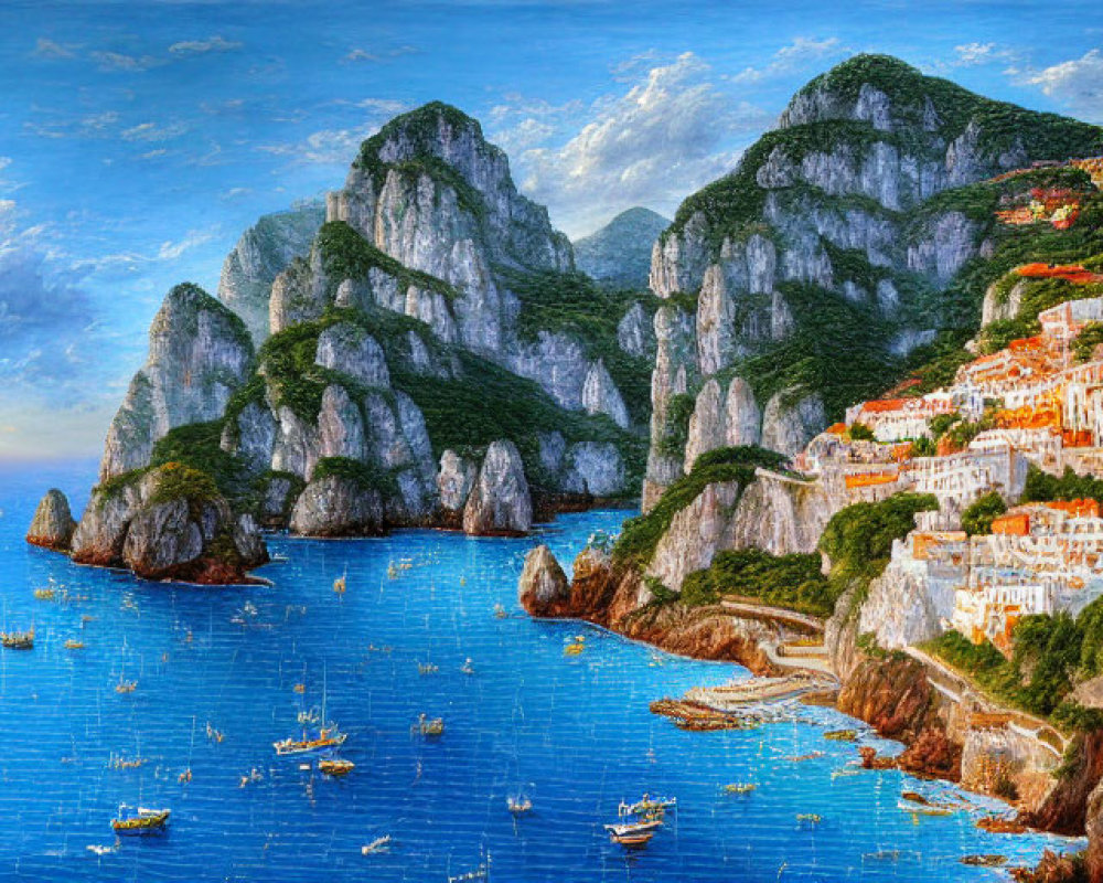 Scenic cliffside town by tranquil sea, lush mountains, vibrant sunset