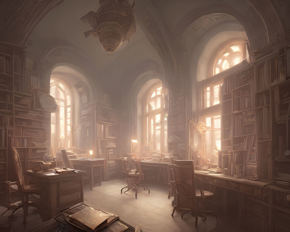 Sunlit Library with Arched Windows and Bookshelves