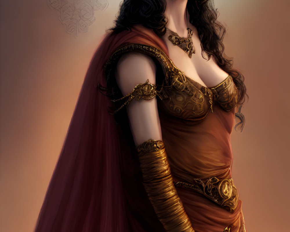 Regal woman with dark hair, golden crown, red cape, sword - powerful gaze