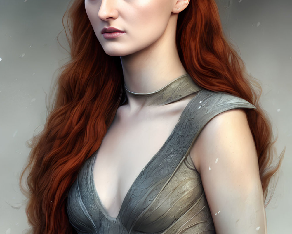 Digital portrait of woman with long red hair and grey dress in snowy setting