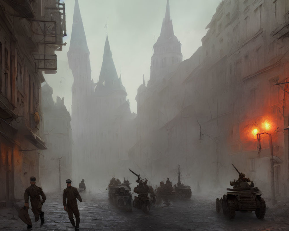 Soldiers in war-torn cityscape with Gothic-style buildings