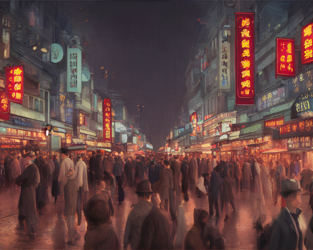 Vibrant retro-futuristic city street at night with crowds and neon signs