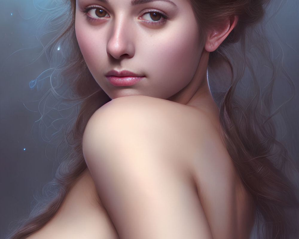 Enigmatic woman with flowing hair and green apples in digital painting