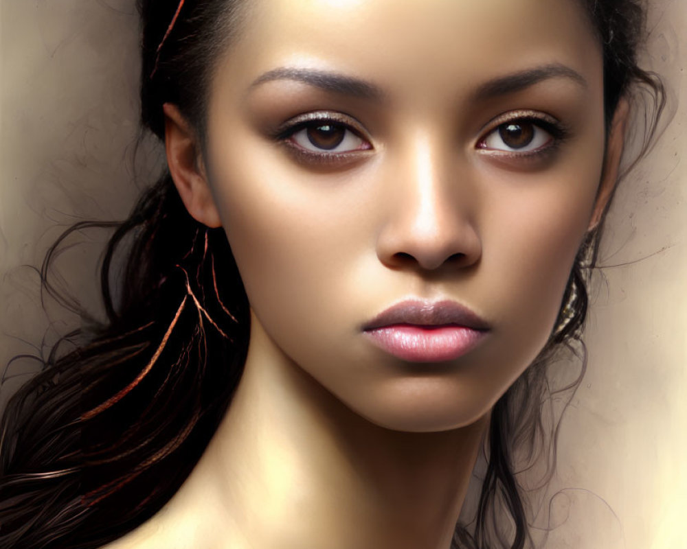 Digital Painting: Woman with Striking Eyes and Auburn Hair on Cream Background