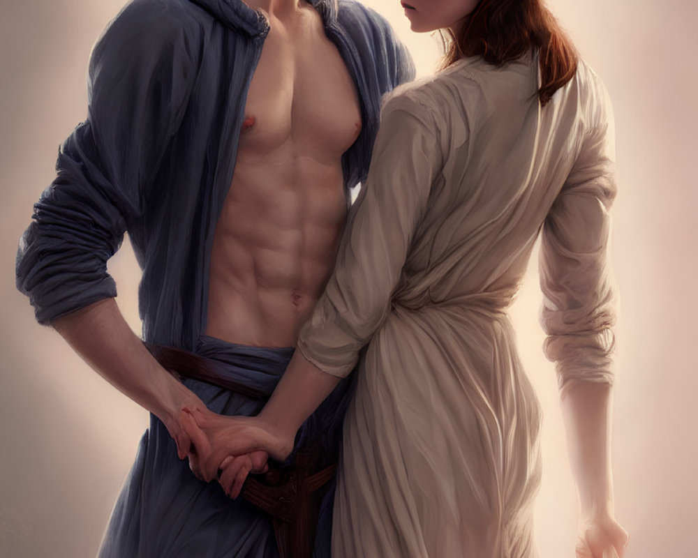 Intimate Digital Painting of Romantic Couple in Blue and Cream Attire