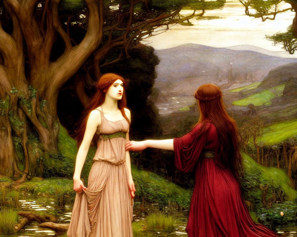 Two women in white and red robes in lush forest setting.