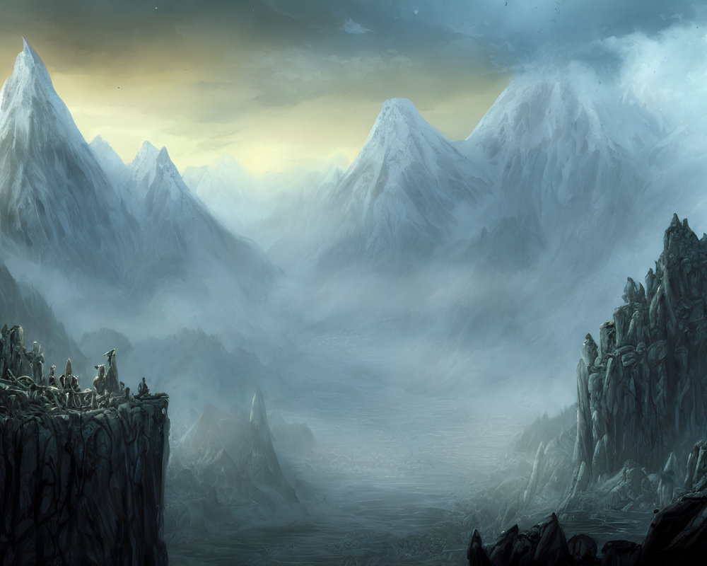 Majestic snowy mountains and misty valley with people on cliff at dawn or dusk