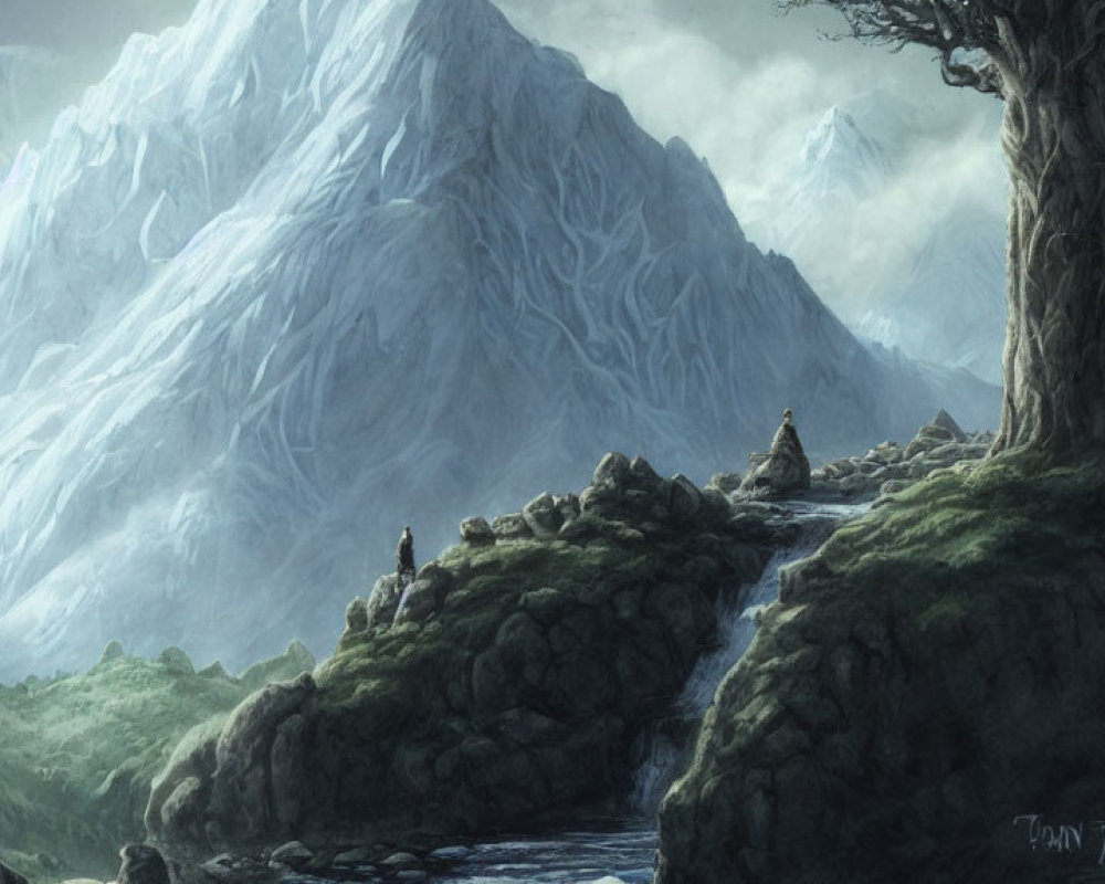 Snow-covered mountain landscape with meditating monks beside stream