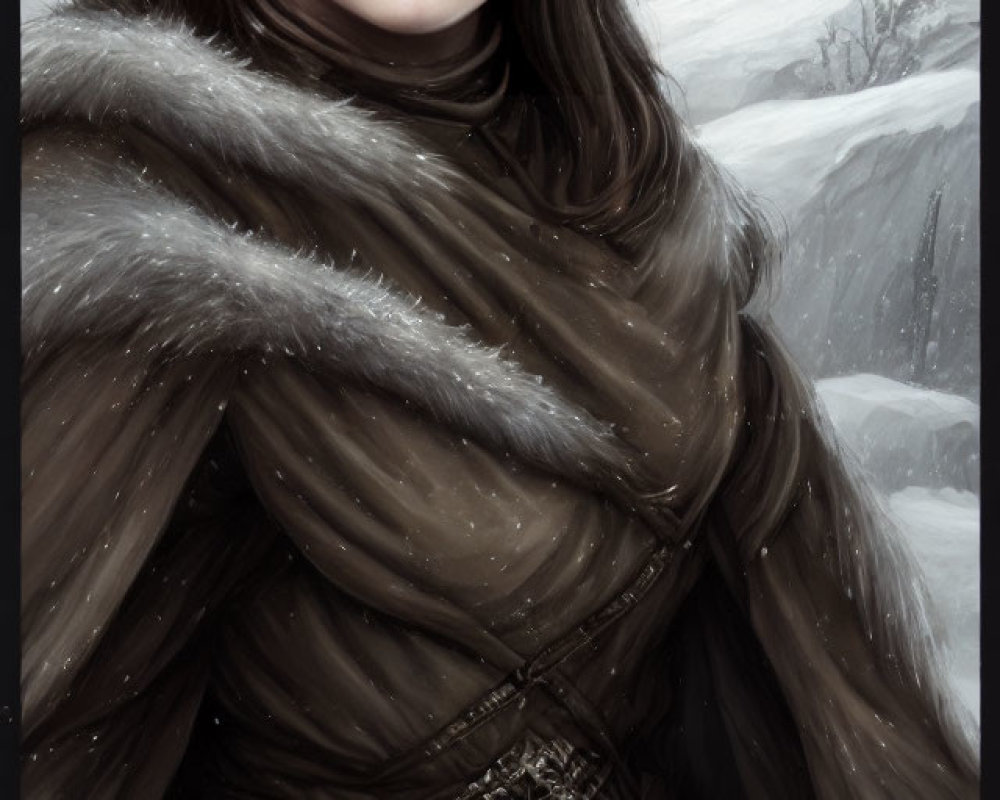 Digital painting of woman in crown and fur cloak against snowy backdrop