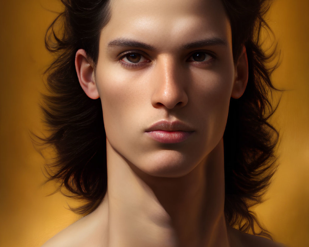 Portrait of young person with shoulder-length dark hair and striking eyes on golden background