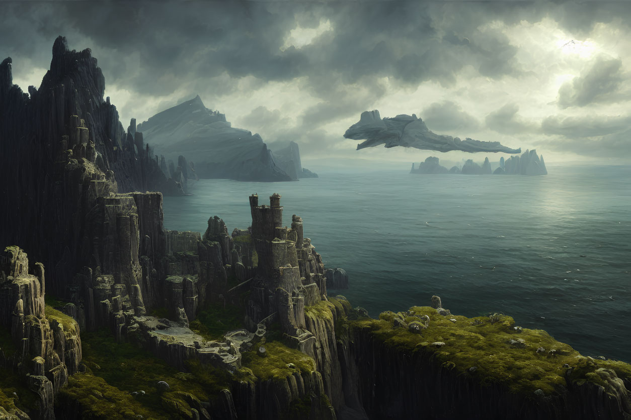 Fantasy landscape with towering cliffs, castle ruin, sea, and floating rock islands