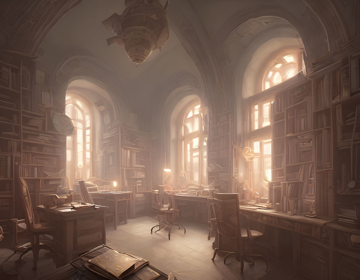 Sunlit Library with Arched Windows and Bookshelves