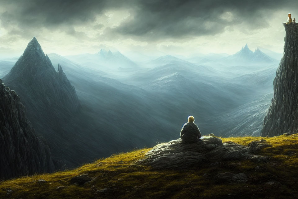 Figure sitting on grassy overlook with distant figure on cliff under dramatic sky
