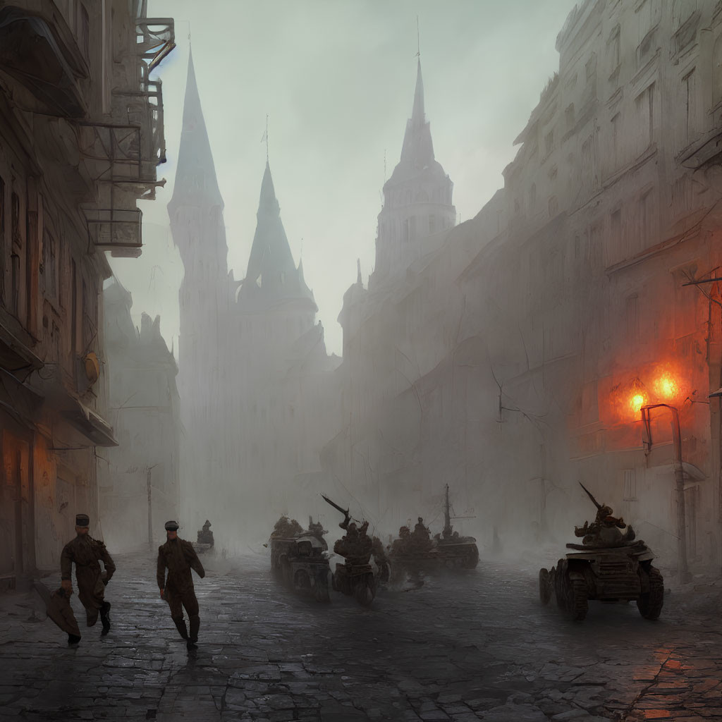 Soldiers in war-torn cityscape with Gothic-style buildings