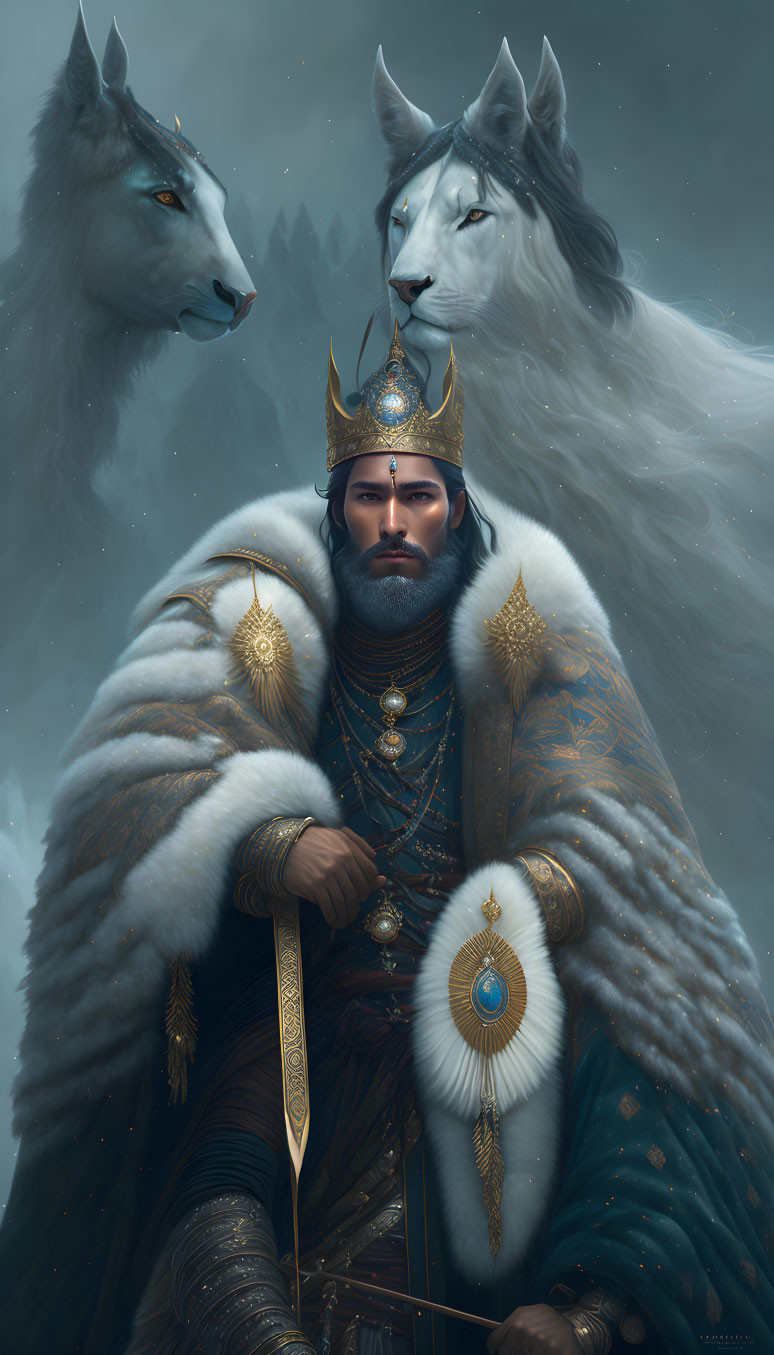 Regal figure in ornate armor with sword, flanked by ethereal wolves in misty setting