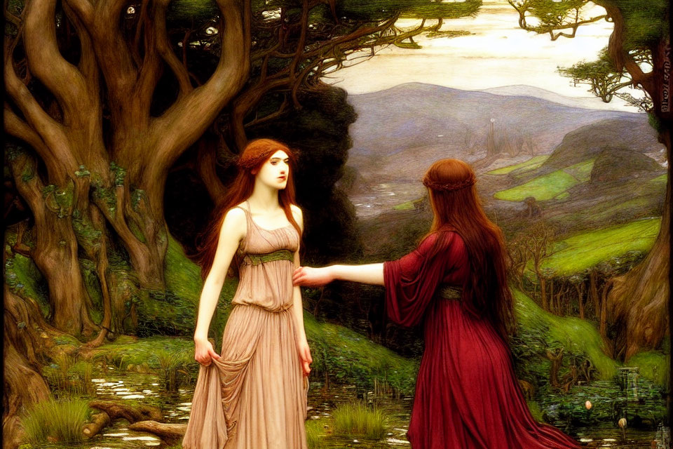 Two women in white and red robes in lush forest setting.