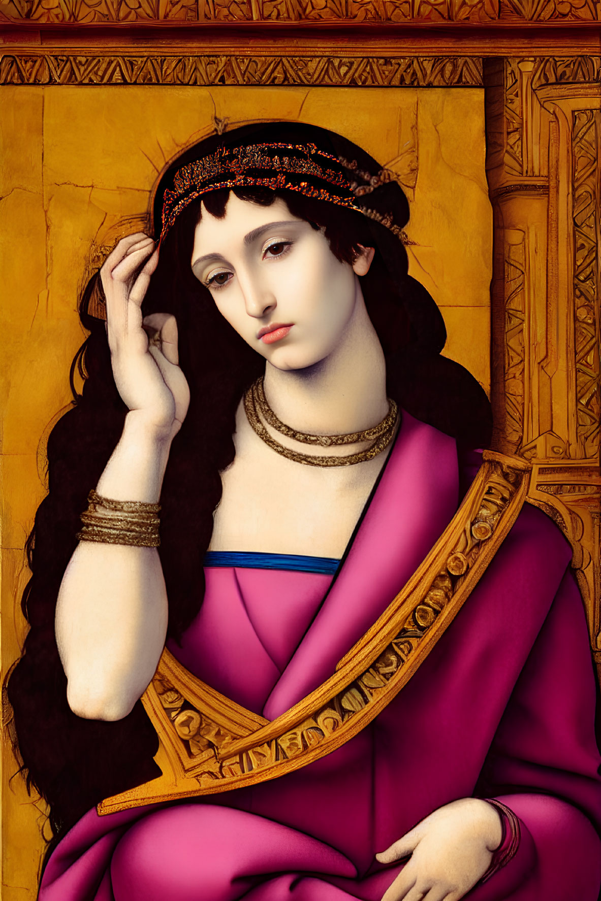 Portrait of Woman in Pink Dress with Dark Hair and Headdress on Gold Background