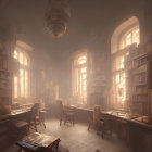 Sunlit Library with Arched Windows and Bookshelves