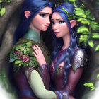 Fantasy Elf-Like Characters with Pointed Ears and Blue Hair in Intimate Pose among Green