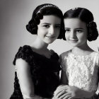 Two Girls in Elegant Black and White Dresses Smiling on Grey Background