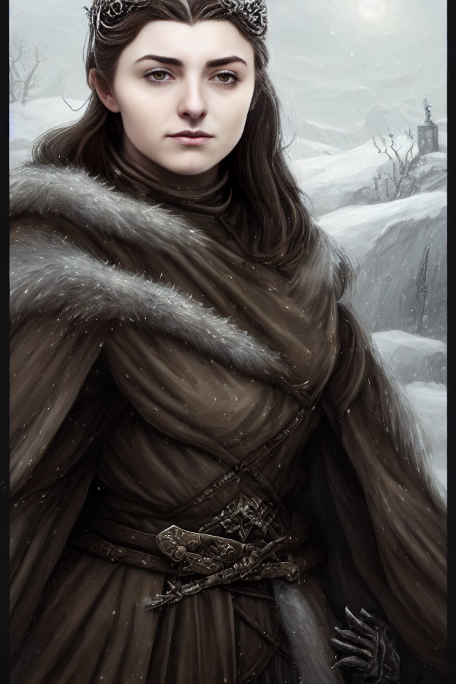 Digital painting of woman in crown and fur cloak against snowy backdrop