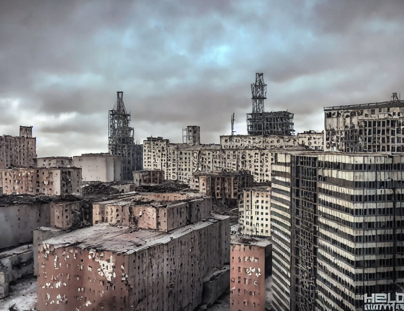 Desolate cityscape with dilapidated buildings under overcast skies