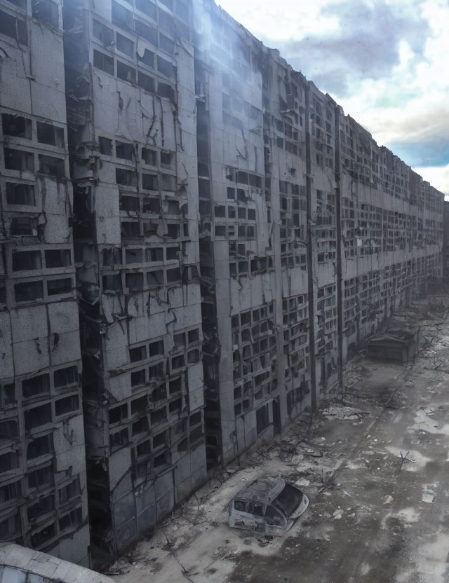 Abandoned multi-story building with broken windows and wrecked car under cloudy sky