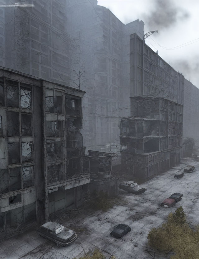 Desolate urban landscape with abandoned buildings and cars under overcast sky