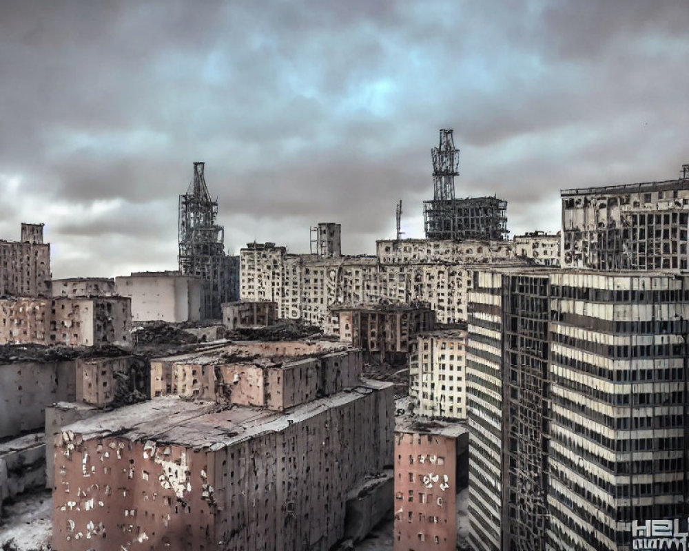 Desolate cityscape with dilapidated buildings under overcast skies