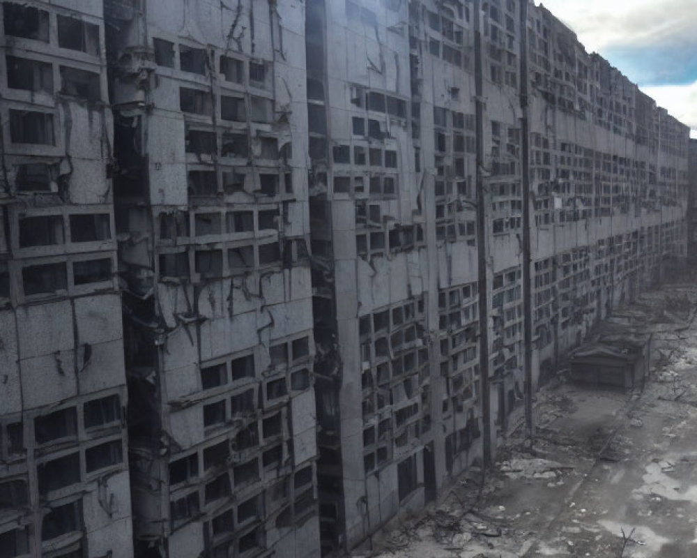 Abandoned multi-story building with broken windows and wrecked car under cloudy sky