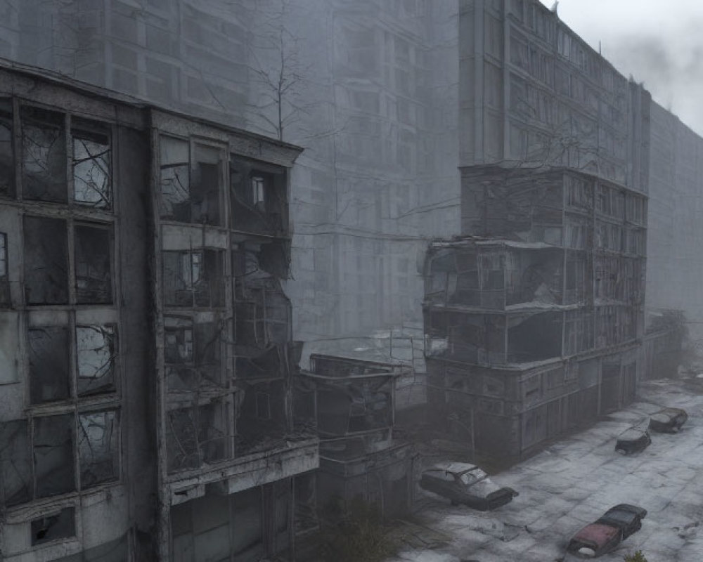 Desolate urban landscape with abandoned buildings and cars under overcast sky