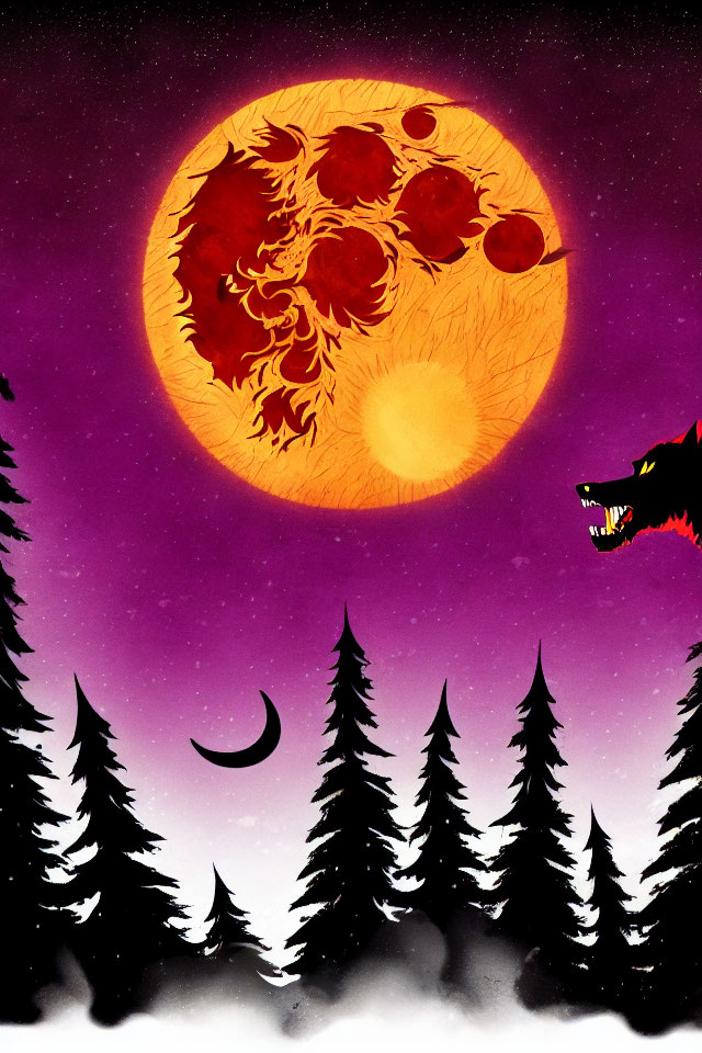 Vivid Red and Orange Moon Over Twilight Sky with Wolf and Trees