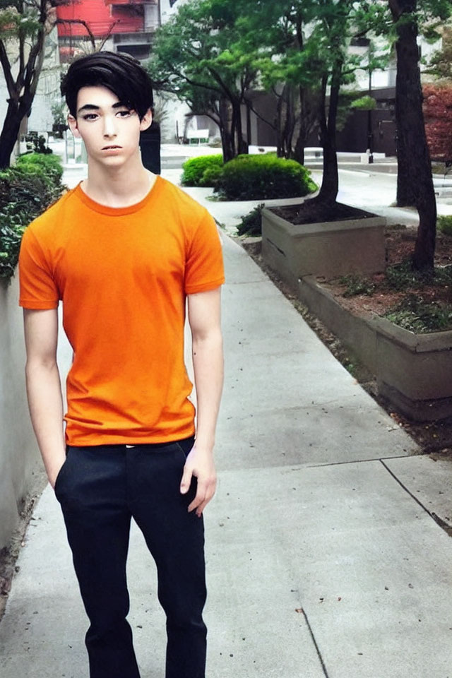 Young man with dark hair in orange t-shirt and black pants on sidewalk with trees and building.