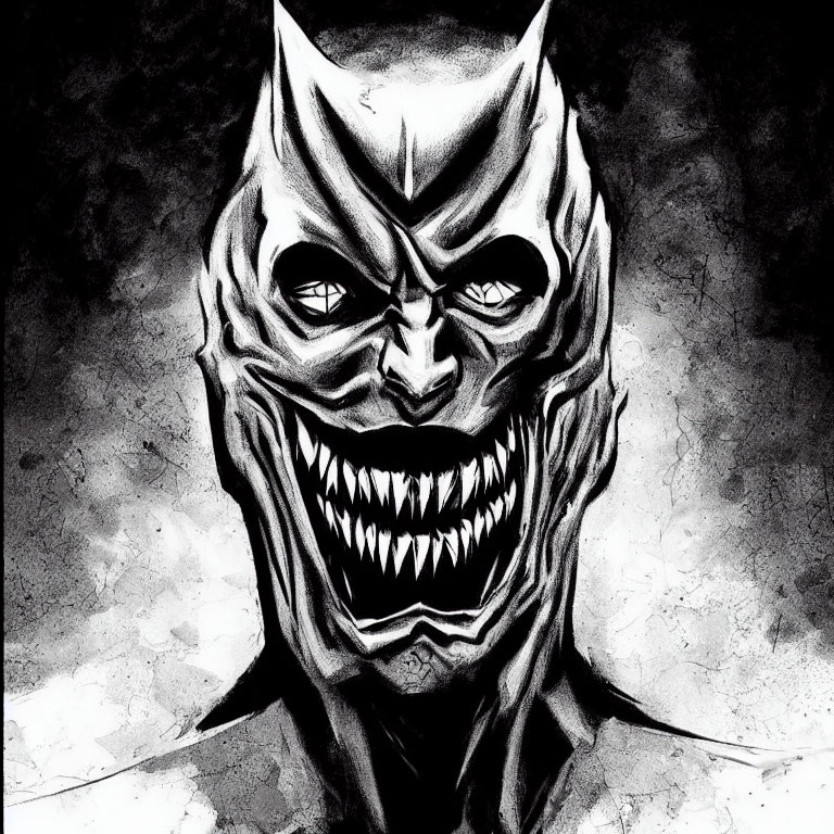 Monochrome illustration of menacing bat-like figure