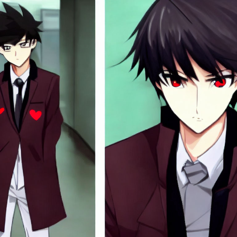 Split images: Anime character with black hair, red eyes, brown suit, red heart emblem.