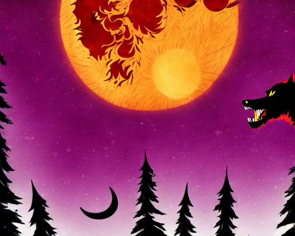 Vivid Red and Orange Moon Over Twilight Sky with Wolf and Trees