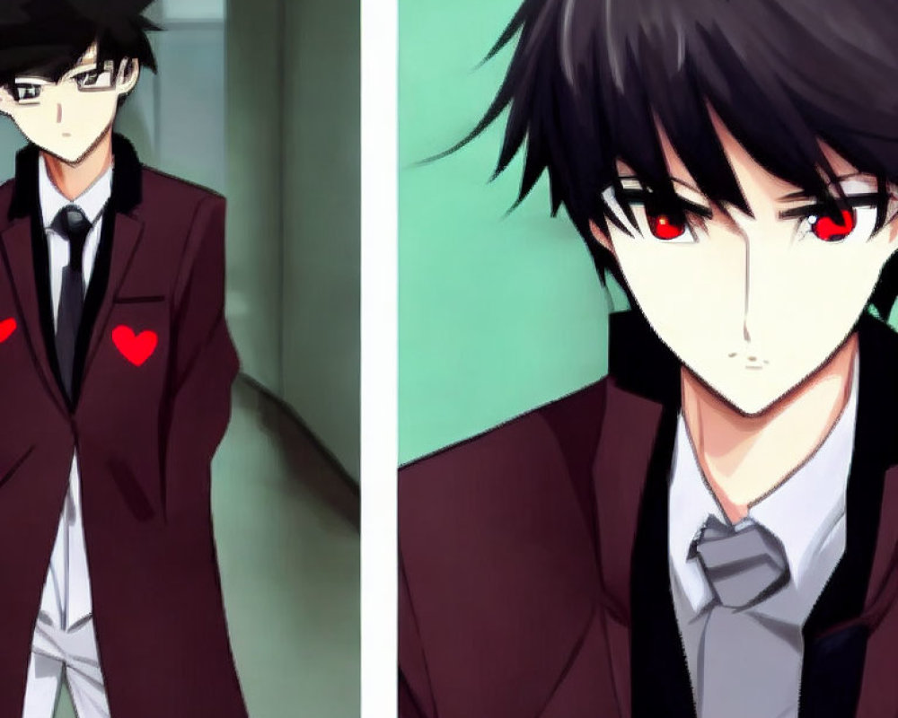 Split images: Anime character with black hair, red eyes, brown suit, red heart emblem.