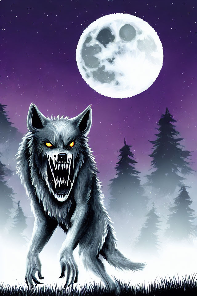 Menacing werewolf in night forest with full moon, glowing eyes.