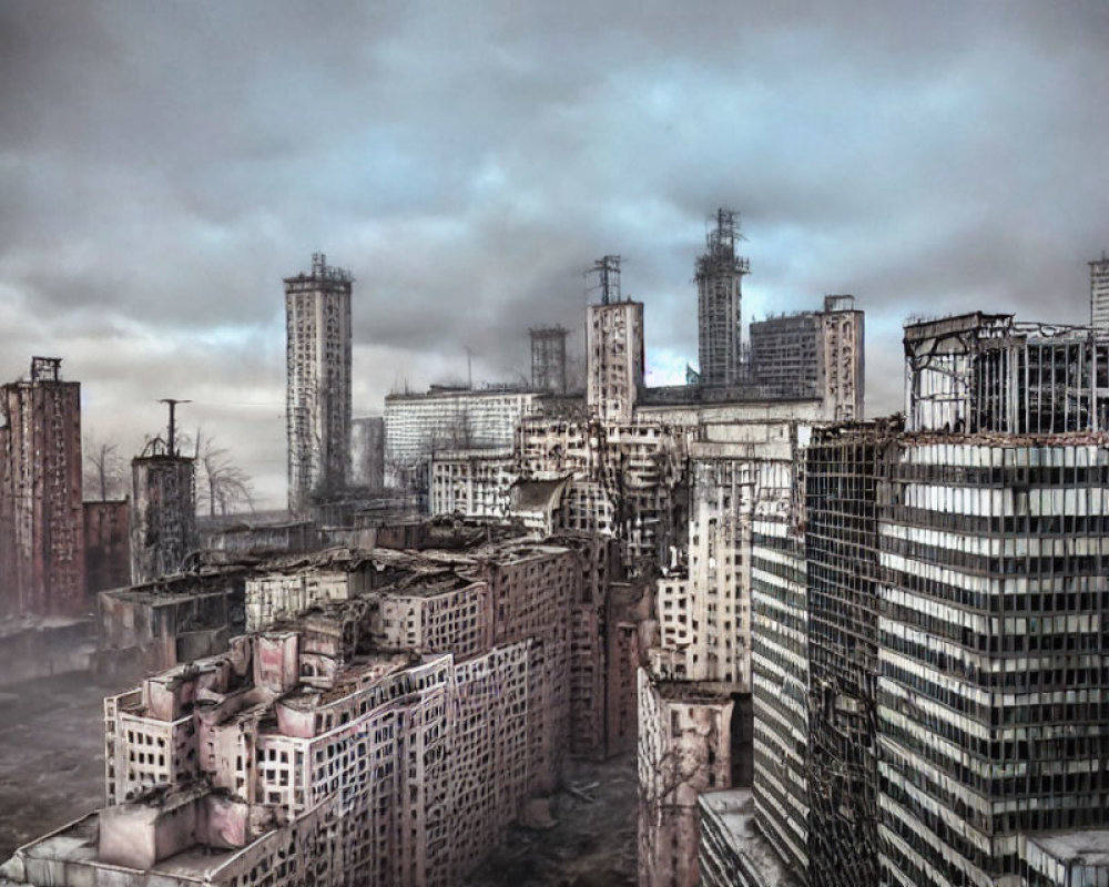 Dystopian cityscape with dilapidated high-rise buildings under gloomy sky