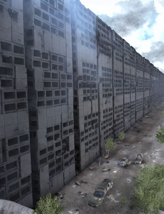 Abandoned urban alley with derelict cars and overgrown plants