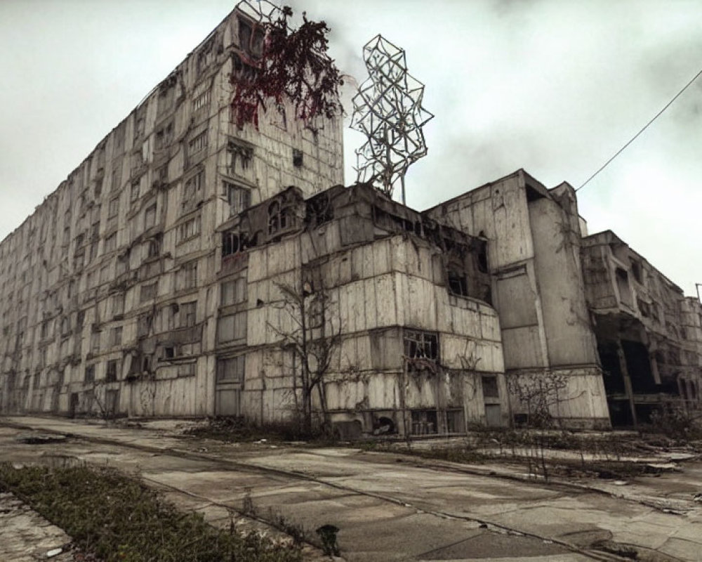 Abandoned multi-story building with broken windows and overgrown vegetation