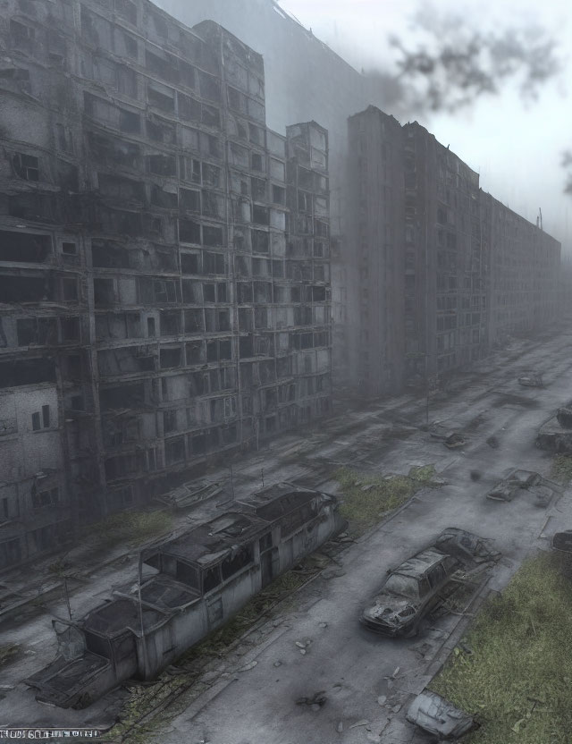 Desolate street with abandoned high-rise buildings and decaying vehicles in foggy setting