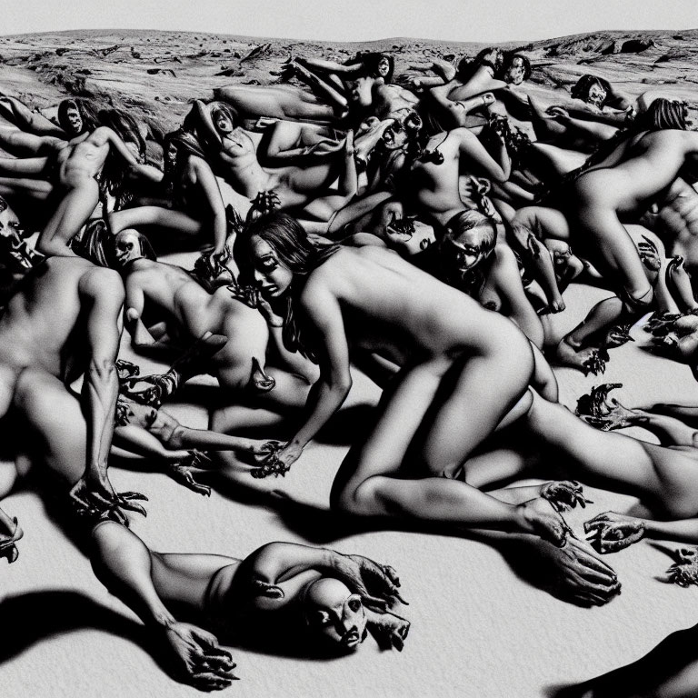 Monochromatic artwork of human figures in various poses