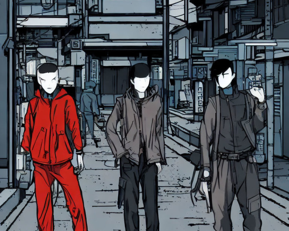 Three masked figures in colored athletic wear walking in urban alley