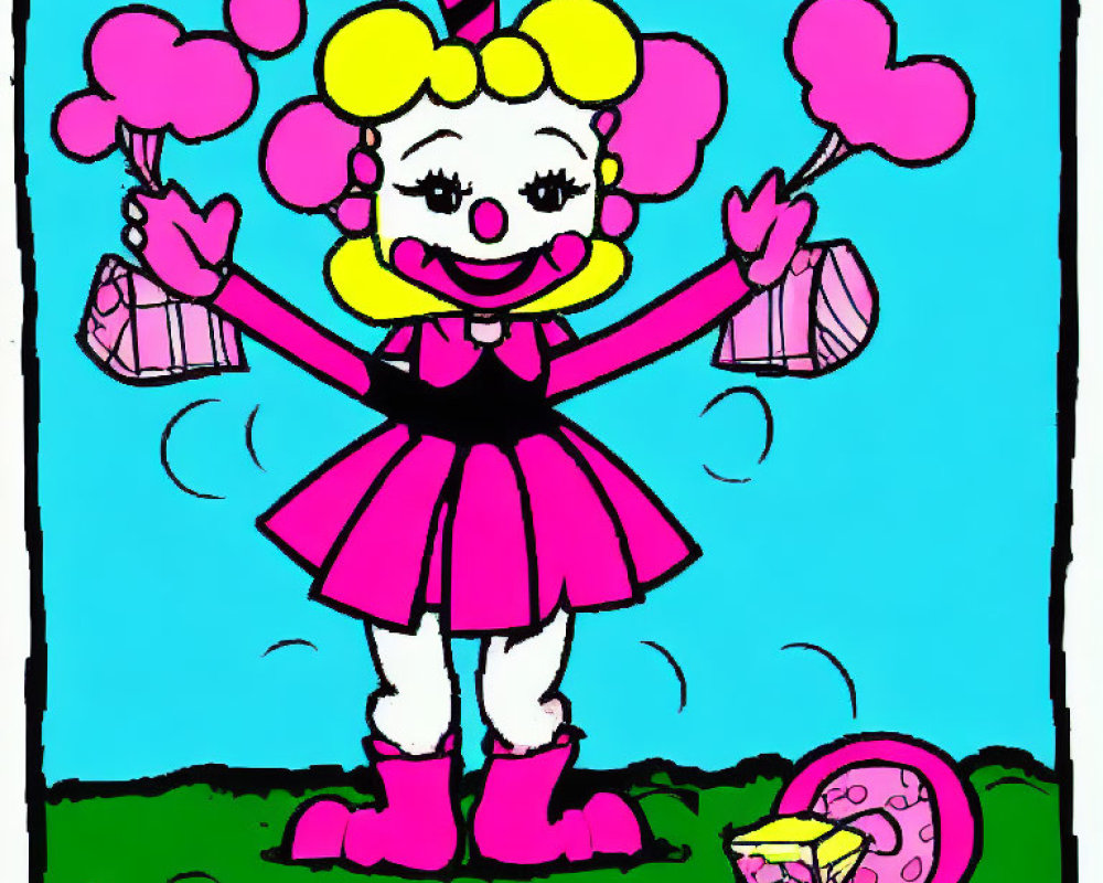 Cheerful clown juggling pink pompoms under blue sky