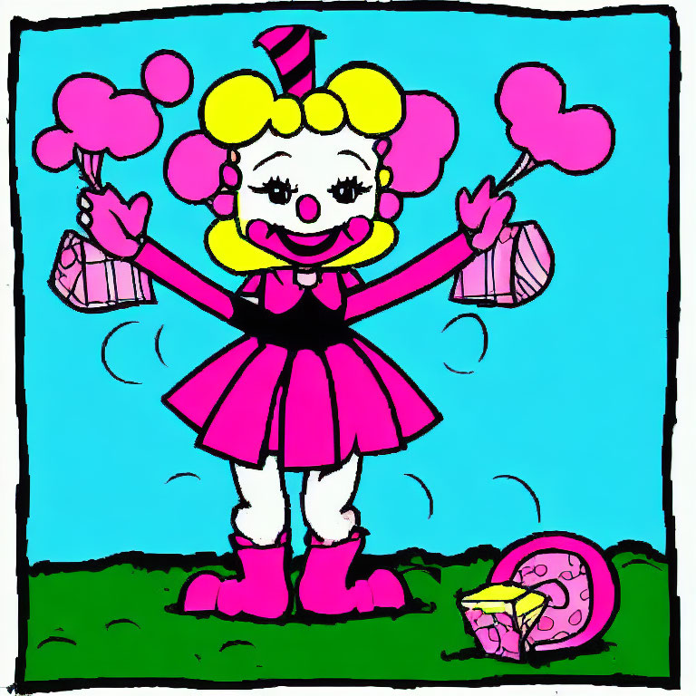 Cheerful clown juggling pink pompoms under blue sky