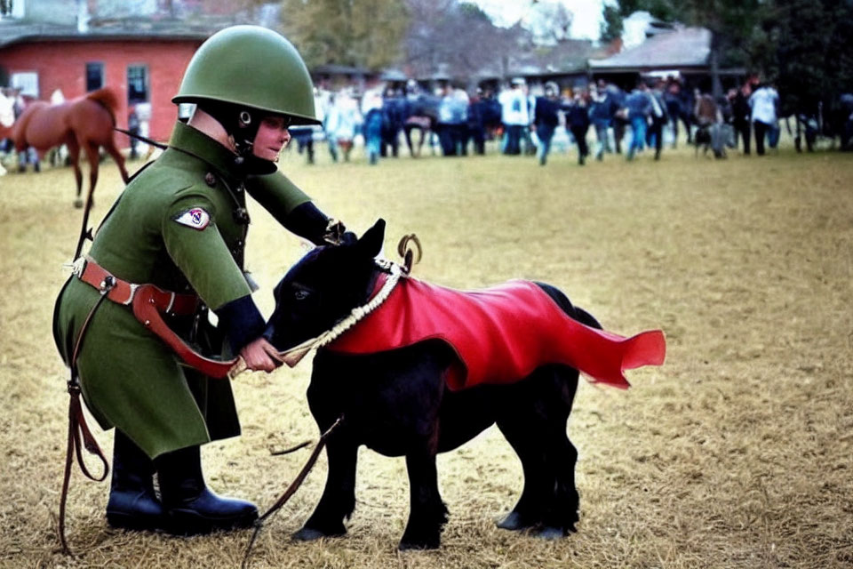 Person in green uniform pets small black goat at outdoor event