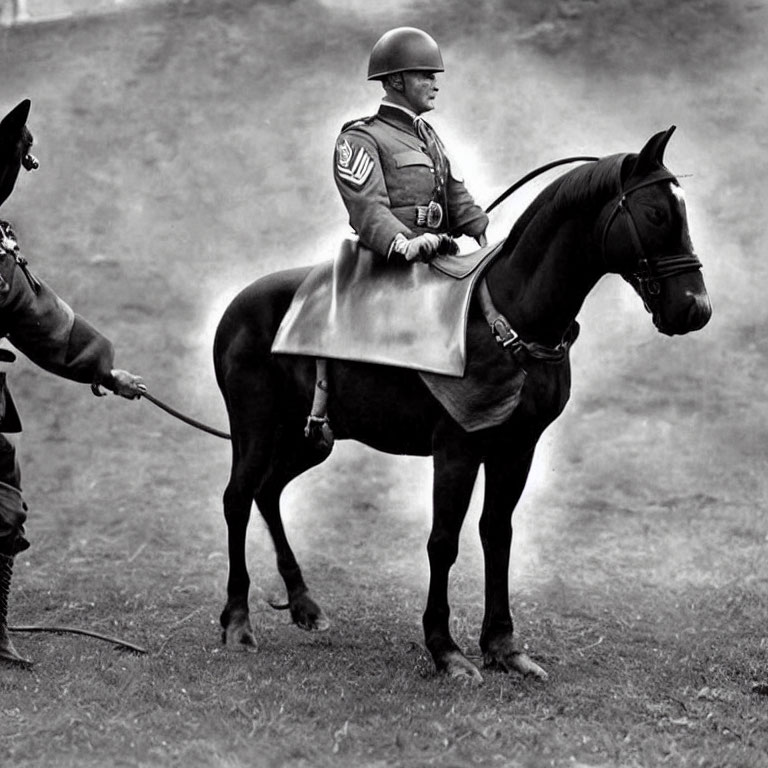 Military person on black horse led by another person on foot in peaked cap